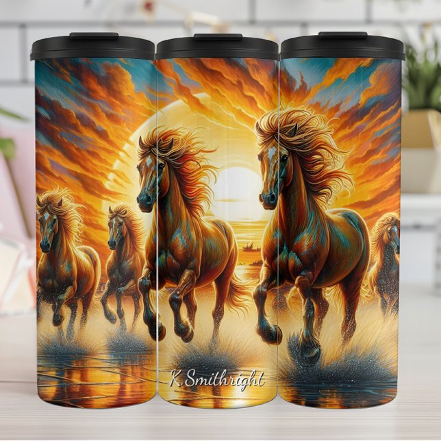 Fiery Horses Water Run Sunset Thermosbecher (Von Creator hochgeladen)