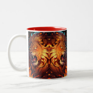 Fiery Lion mit lebendigem Mane und Naturelementen Zweifarbige Tasse