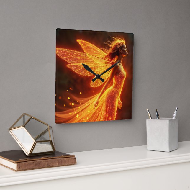 Fiery Märchen Rot-Leuchtflügel niedlicher Zauberne Quadratische Wanduhr (Büro)