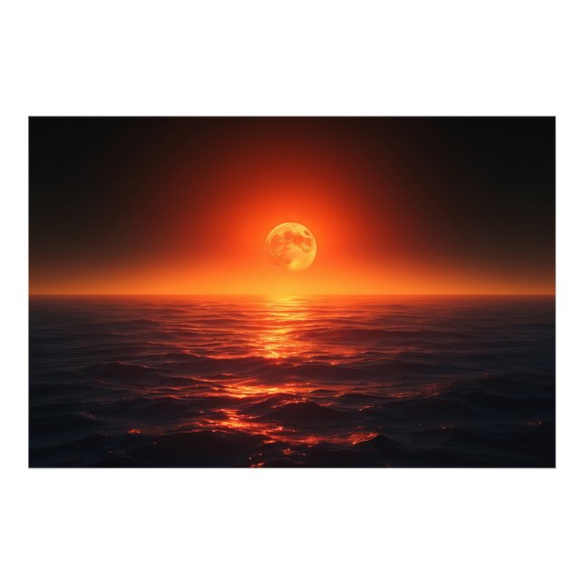 Fiery Moon Over Calm Ocean Fantasy Sunset Fotodruck (Vorne)