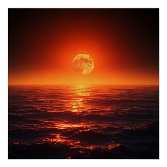 Fiery Moon Over Calm Ocean Fantasy Sunset Poster (Vorderseite)
