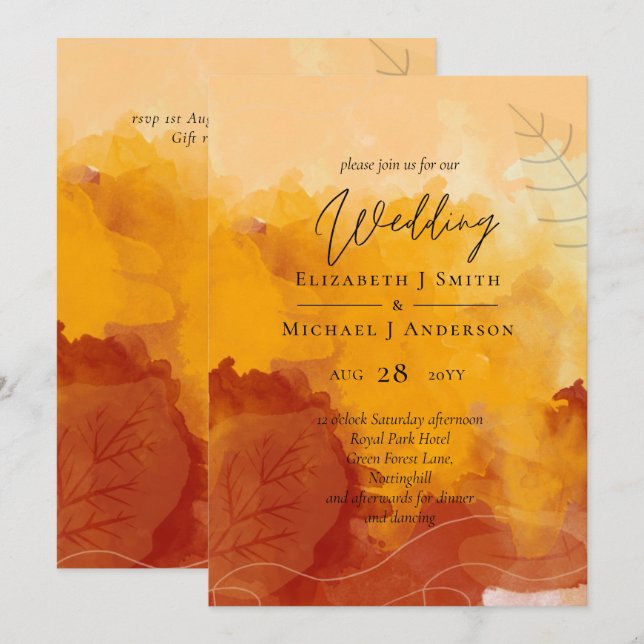 Fiery Orange Watercolor Abstrakt Sunset Wedding (Vorne/Hinten)