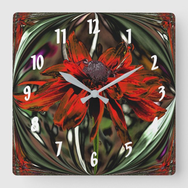 Fiery Red Daisy Abstrakte Blume Art Quadratische Wanduhr (Vorderseite)