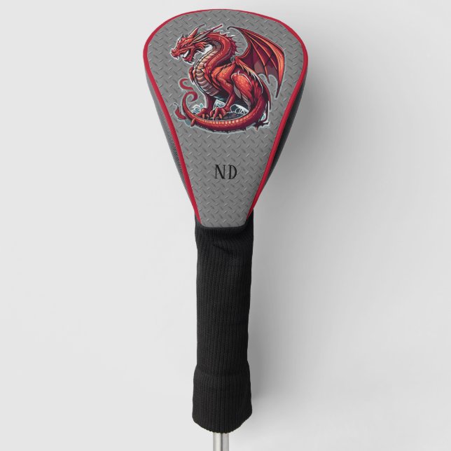 Fiery Red Dragon auf Metall Diamond Plättchen Cust Golf Headcover (Vorderseite)