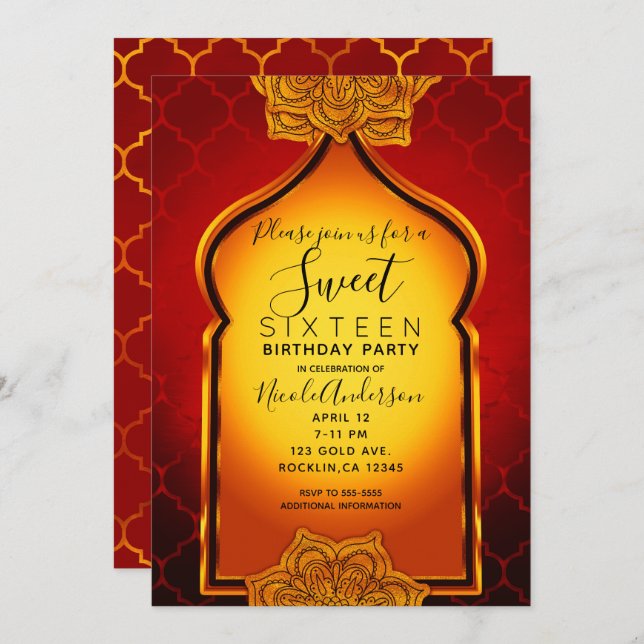 Fiery Red Gold Royal Indian Arabian Sweet 16 Party Einladung (Vorne/Hinten)