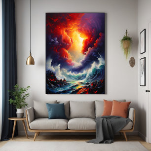Fiery Sky and Roaring Sea - Dynamic Seascape Art Poster