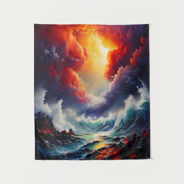 Fiery Sky and Roaring Sea - Dynamic Seascape Art Wandteppich (Vorderseite)