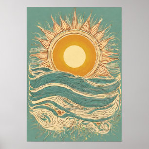 Fiery Sun on Green Sun Illustration Wall Art Print Poster