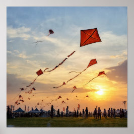 Fiery Sunset Kites - Festival Silhouette Poster