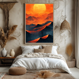 Fiery Sunset Mountains in Monochrom Orange Poster