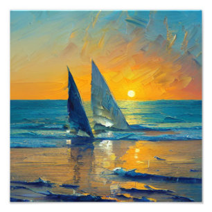 Fiery Sunset Sailboats Malerei Fotodruck