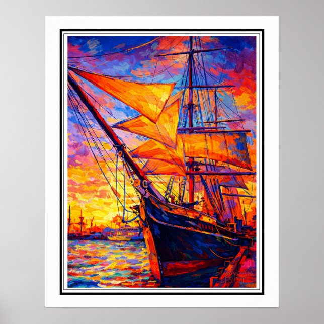 Fiery Sunset Tall Ship – Colorful Impressionist Na Poster (Vorne)