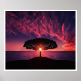 Fiery Sunset Tree Silhouette Poster