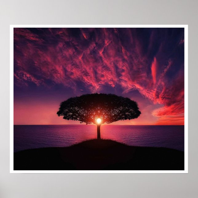 Fiery Sunset Tree Silhouette Poster (Vorne)