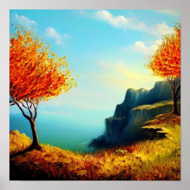 Fiery Trees on a Cliffside Oceanscape Poster (Vorne)
