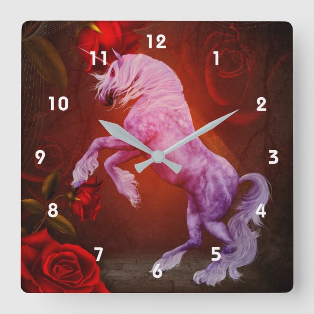 Fiery Unicorn Pferd Rote Rosen Fantasie Quadratische Wanduhr (Vorderseite)