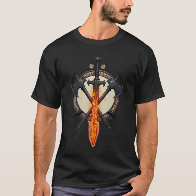 Fiery Viking Sword & Axe Emblem T-Shirt (Vorderseite)