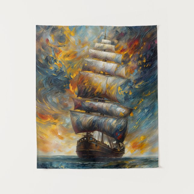 Fiery Voyage Dramatisches Segelschiff bei Sunset A Wandteppich (Vorderseite)