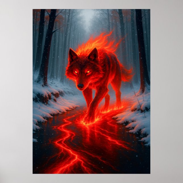 Fiery Wolf in Snow Fantasy Spirit Animal Poster (Vorne)