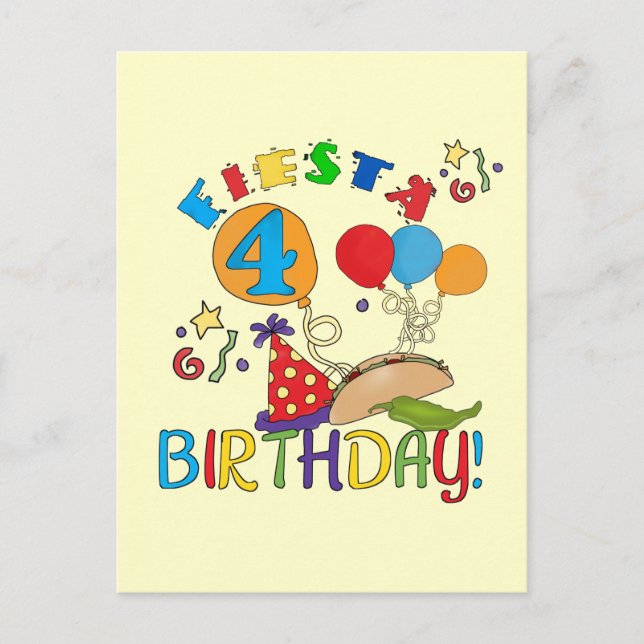 Fiesta 4. Geburtstag T - Shirt und Geschenke Postkarte (Vorderseite)