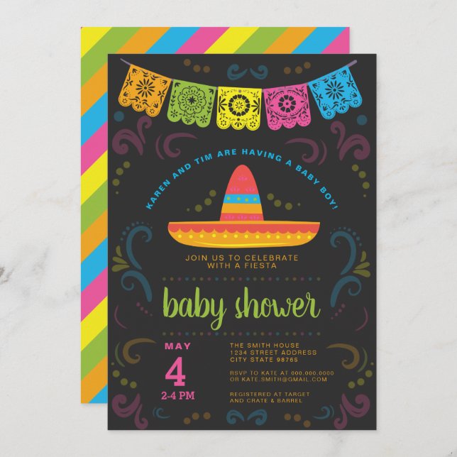 Fiesta Baby Dusche bunt Kalkboard Design Einladung (Vorne/Hinten)