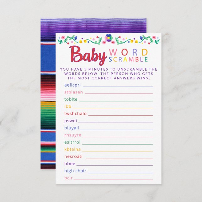 Fiesta Baby Word Scramble Game Colorful Card Begleitkarte (Vorne/Hinten)