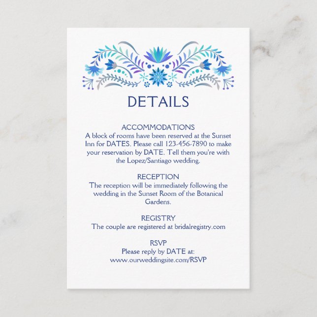 Fiesta Blue Wedding Details Begleitkarte (Vorderseite)