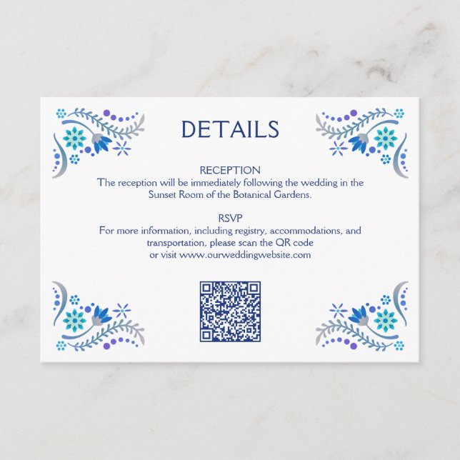 Fiesta Blue Wedding QR Details Begleitkarte (Vorderseite)