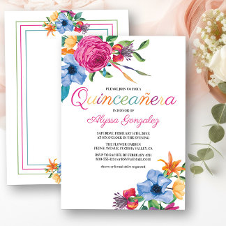 Fiesta Blume Aquarellfarben Weiße Quinceanera Einladung