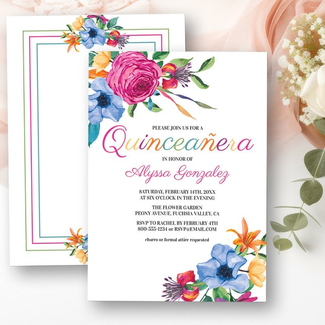 Fiesta Blume Aquarellfarben Weiße Quinceanera Einladung (Quinceanera Invitation from my Fiesta Flowers Quinceanera Collection)