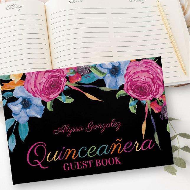 Fiesta Blume Schwarz-Rosa Flora Quinceanera Gästebuch (Guest Book from my Fiesta Flowers Quinceanera Collection)