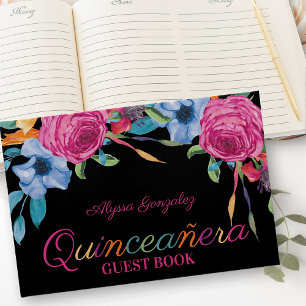 Fiesta-Blumen Schwarze und rosa florale Quinceaner Gästebuch