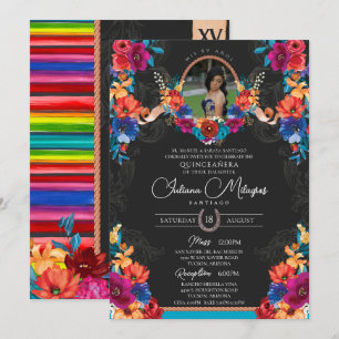 Fiesta Bright Floral und Serape Charro Quinceanera Einladung