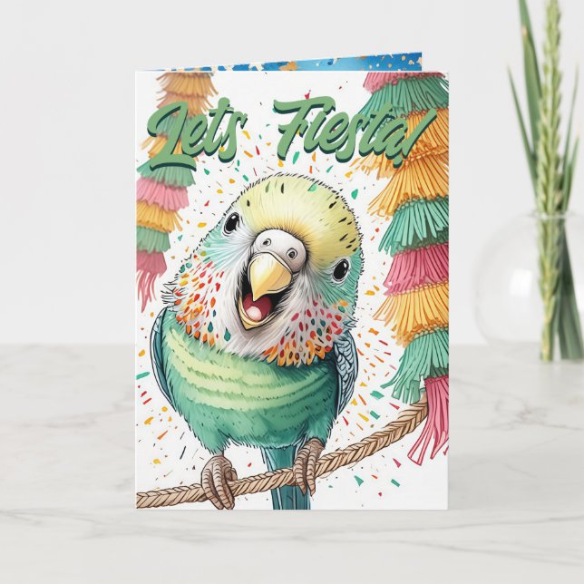 Fiesta Budgie Geburtstagskarte - Niedliche Piñatas Programm (Vorderseite)