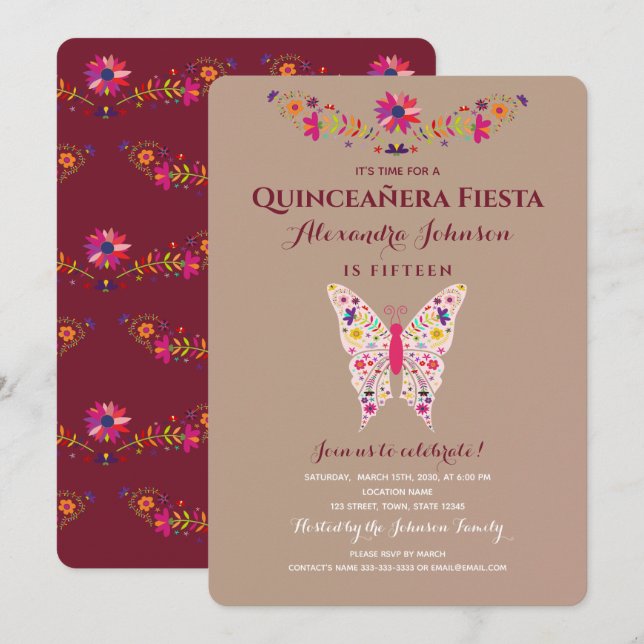 Fiesta Butterfly Mexican Quinceañera Einladung (Vorne/Hinten)