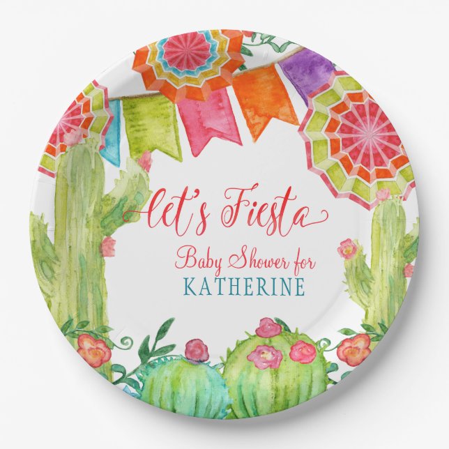 Fiesta Cactus Baby Shower Girl Paper Fan Pennant Pappteller (Vorderseite)