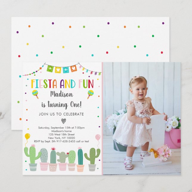 Fiesta Cactus First Birthday Einladung (Vorne/Hinten)