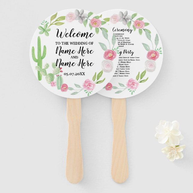 Fiesta Cactus Floral Wedding Program Hand Fan Fächer (Vorne und Hinten)