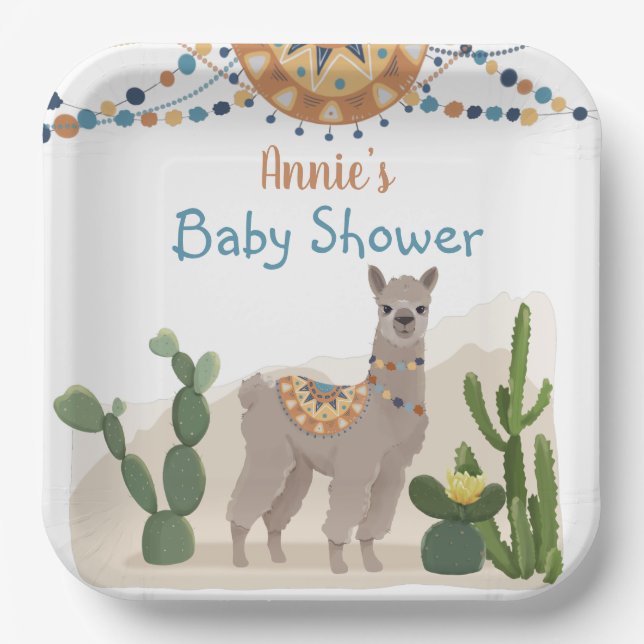 Fiesta Cactus Llama Baby Shower Pappteller (Vorderseite)