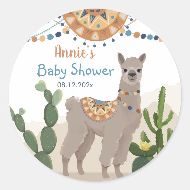 Fiesta Cactus Llama Baby Shower Runder Aufkleber (Vorderseite)
