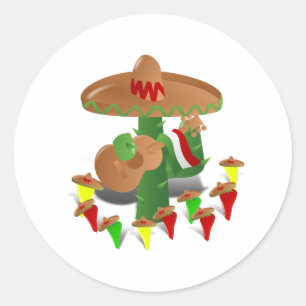 Fiesta Cactus mit Gitarren- und Tanzgitarren-Papri Runder Aufkleber