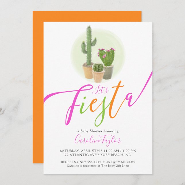 Fiesta Cactus Neon Pink Orange Baby Shower Einladung (Vorne/Hinten)