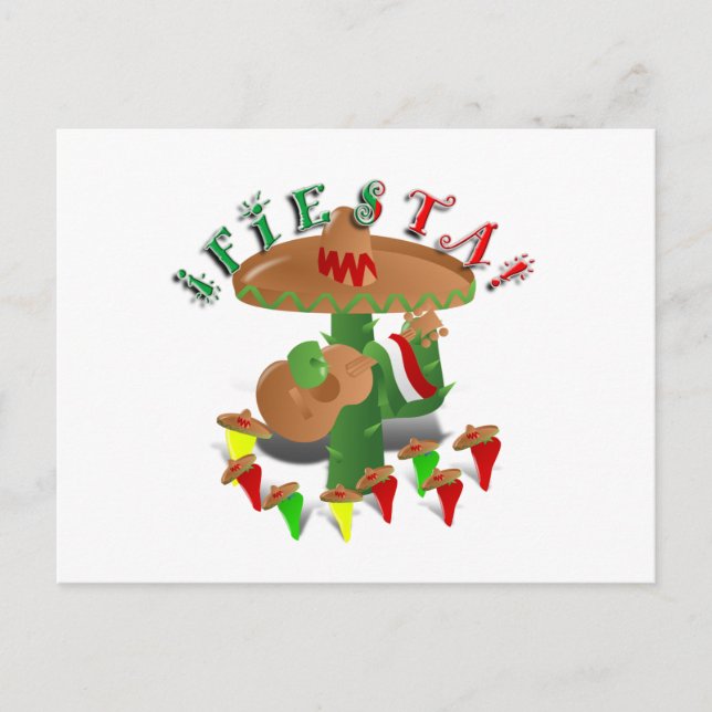 Fiesta Cactus w/Sombrero & Guitar Postkarte (Vorderseite)