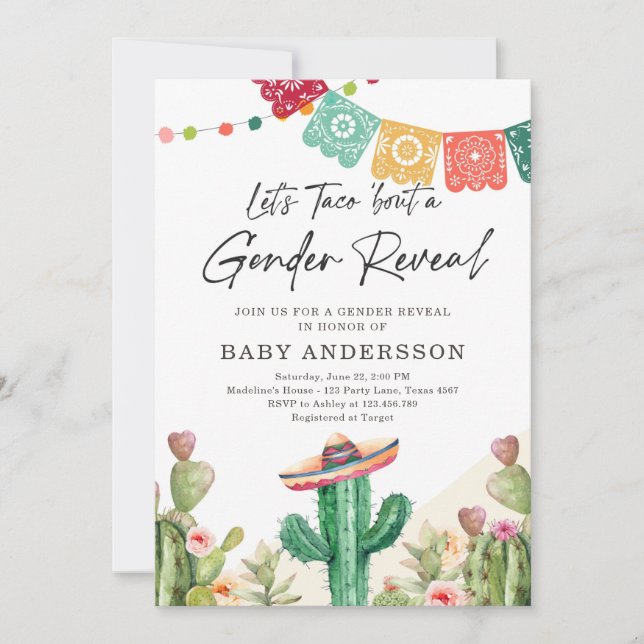 Fiesta Cactus Watercolor Baby Gender Reveal Party Einladung (Vorderseite)