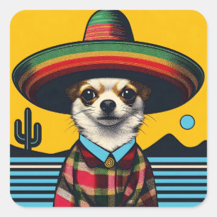 Fiesta Chihuahua mit Sombrero Sarape Quadratischer Aufkleber