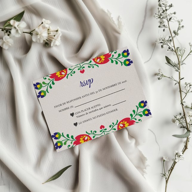Fiesta Colorful Floral Botanical Spanish Wedding RSVP Karte (Fiesta Colorful Floral Botanical Spanish Wedding RSVP Card)