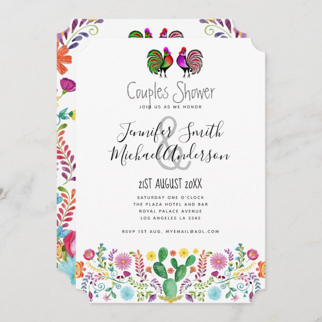 Fiesta Couples Duschen Folklorek Blume Einladung (Vorne/Hinten)