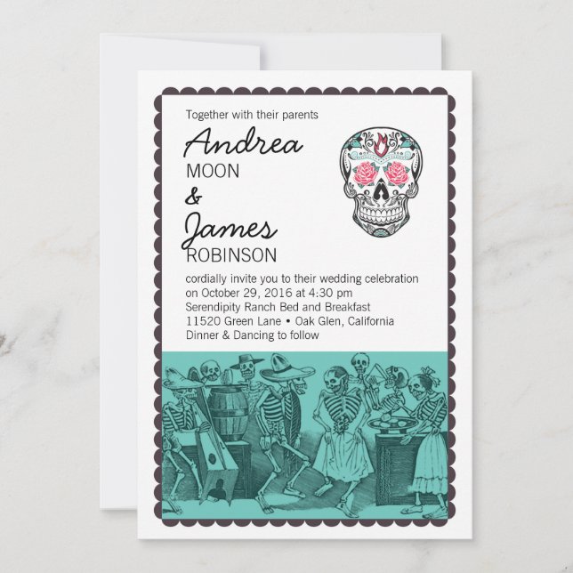 Fiesta Dancing Skeletons Skull Wedding Invitations Einladung (Vorderseite)