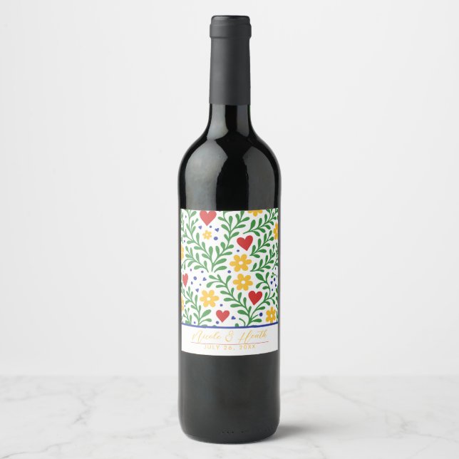Fiesta de Amor Bold farbenfrohe Blumenhochzeit Weinetikett (Vorderseite)