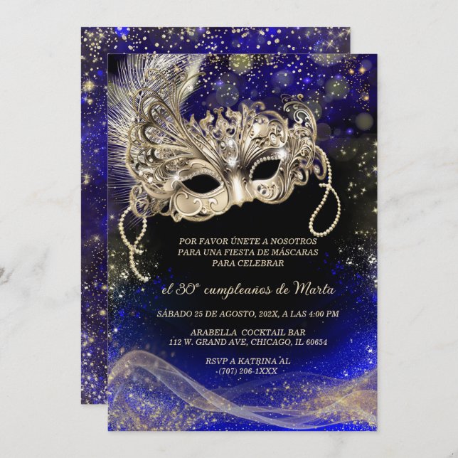 Fiesta de Máscaras 30 Cumpleaños Einladung (Vorne/Hinten)